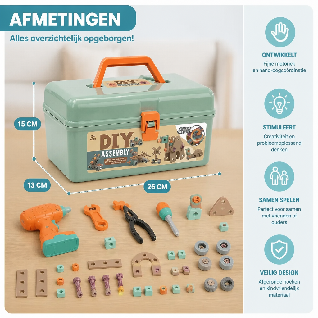 144-delige Kindergereedschapsset met Boormachine & Gereedschapskoffer – STEM Montessori-Bouwset