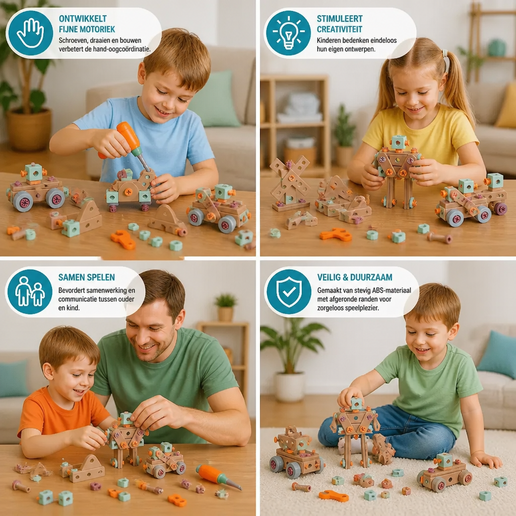 144-delige Kindergereedschapsset met Boormachine & Gereedschapskoffer – STEM Montessori-Bouwset