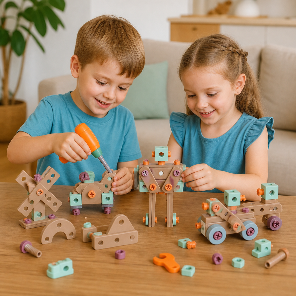 144-delige Kindergereedschapsset met Boormachine & Gereedschapskoffer – STEM Montessori-Bouwset