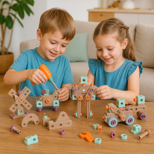 144-delige Kindergereedschapsset met Boormachine & Gereedschapskoffer – STEM Montessori-Bouwset