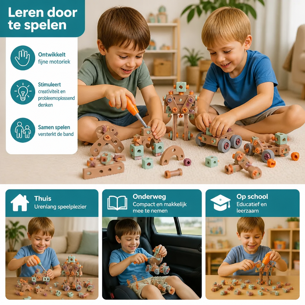 144-delige Kindergereedschapsset met Boormachine & Gereedschapskoffer – STEM Montessori-Bouwset
