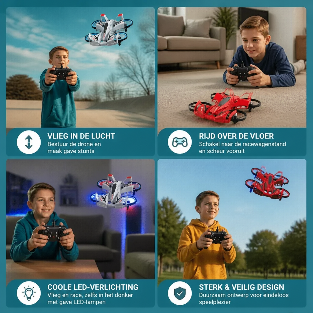 2-in-1 op afstand bestuurbare vliegende drone & stunt-racewagen