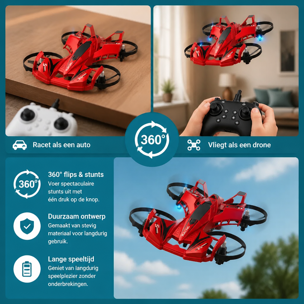 2-in-1 op afstand bestuurbare vliegende drone & stunt-racewagen