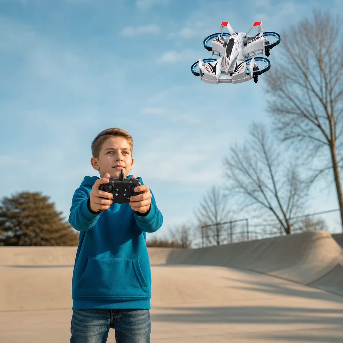 2-in-1 op afstand bestuurbare vliegende drone & stunt-racewagen