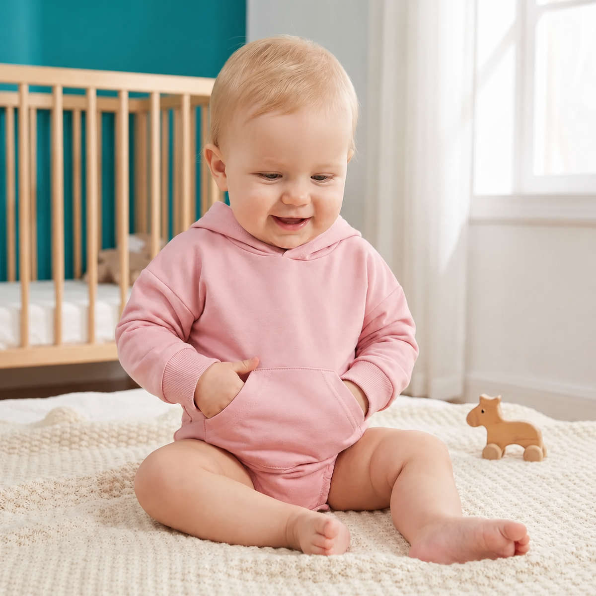 Babyromper met capuchon – Zachte jumpsuit met lange mouwen en voorzak
