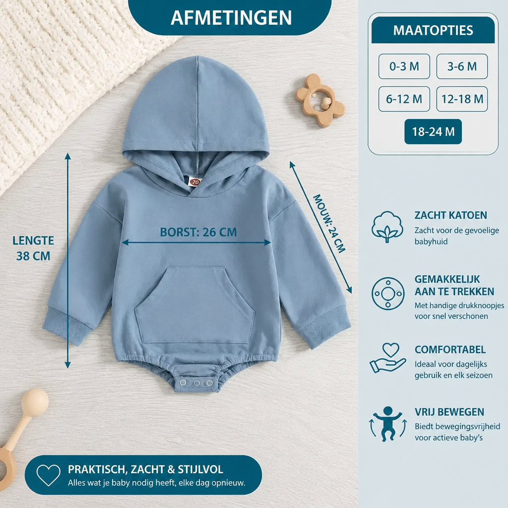 Babyromper met capuchon – Zachte jumpsuit met lange mouwen en voorzak