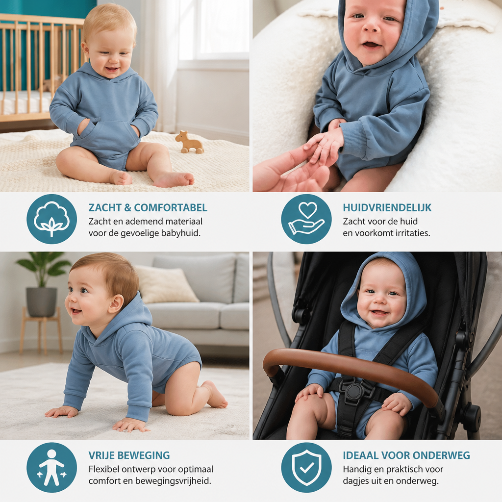 Babyromper met capuchon – Zachte jumpsuit met lange mouwen en voorzak