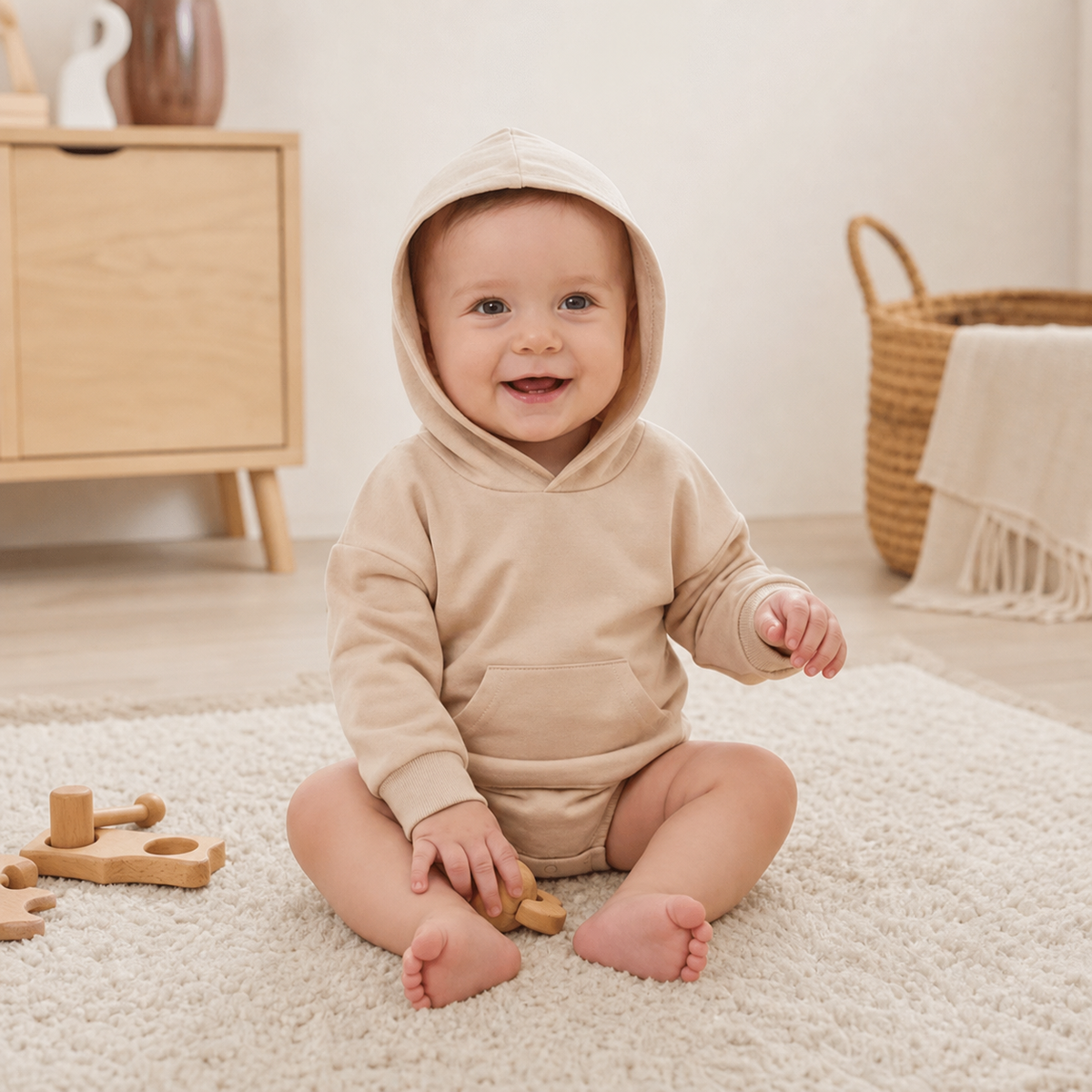 Babyromper met capuchon – Zachte jumpsuit met lange mouwen en voorzak
