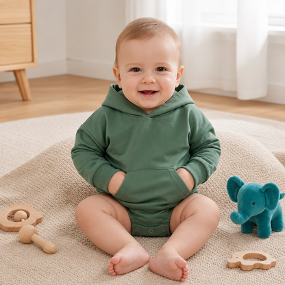 Babyromper met capuchon – Zachte jumpsuit met lange mouwen en voorzak