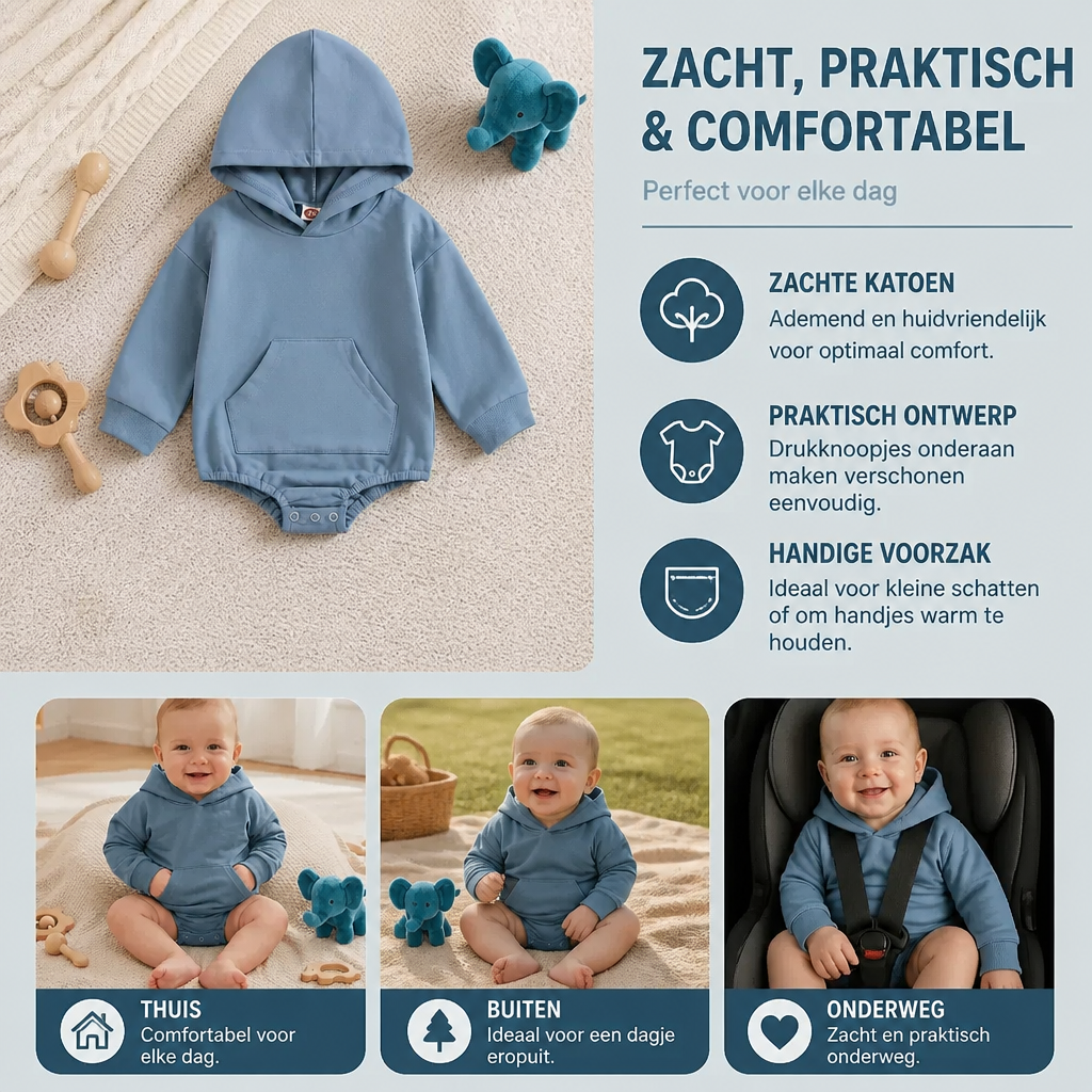Babyromper met capuchon – Zachte jumpsuit met lange mouwen en voorzak