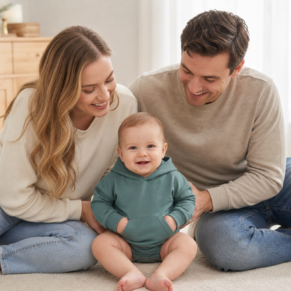 Babyromper met capuchon – Zachte jumpsuit met lange mouwen en voorzak