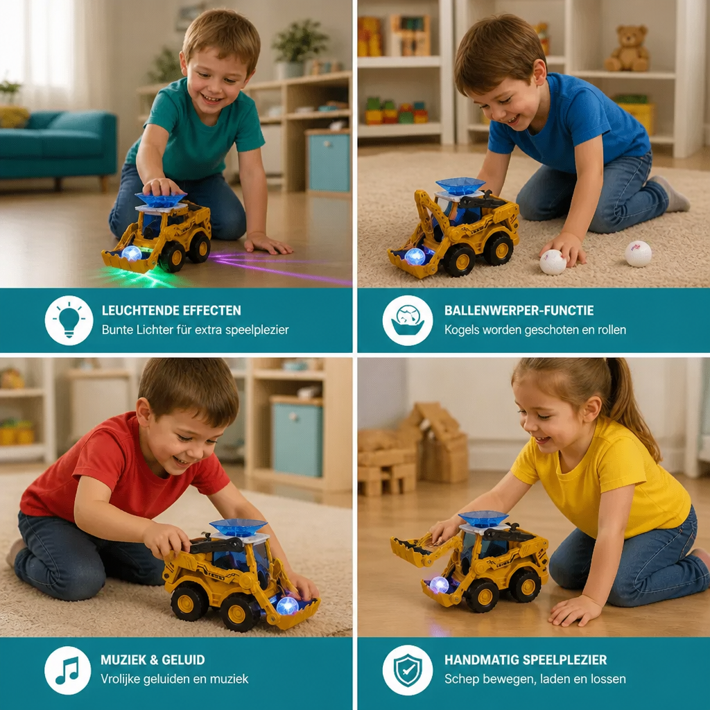 Interactieve lichtgevende bulldozer voor kinderen met ballenwerper