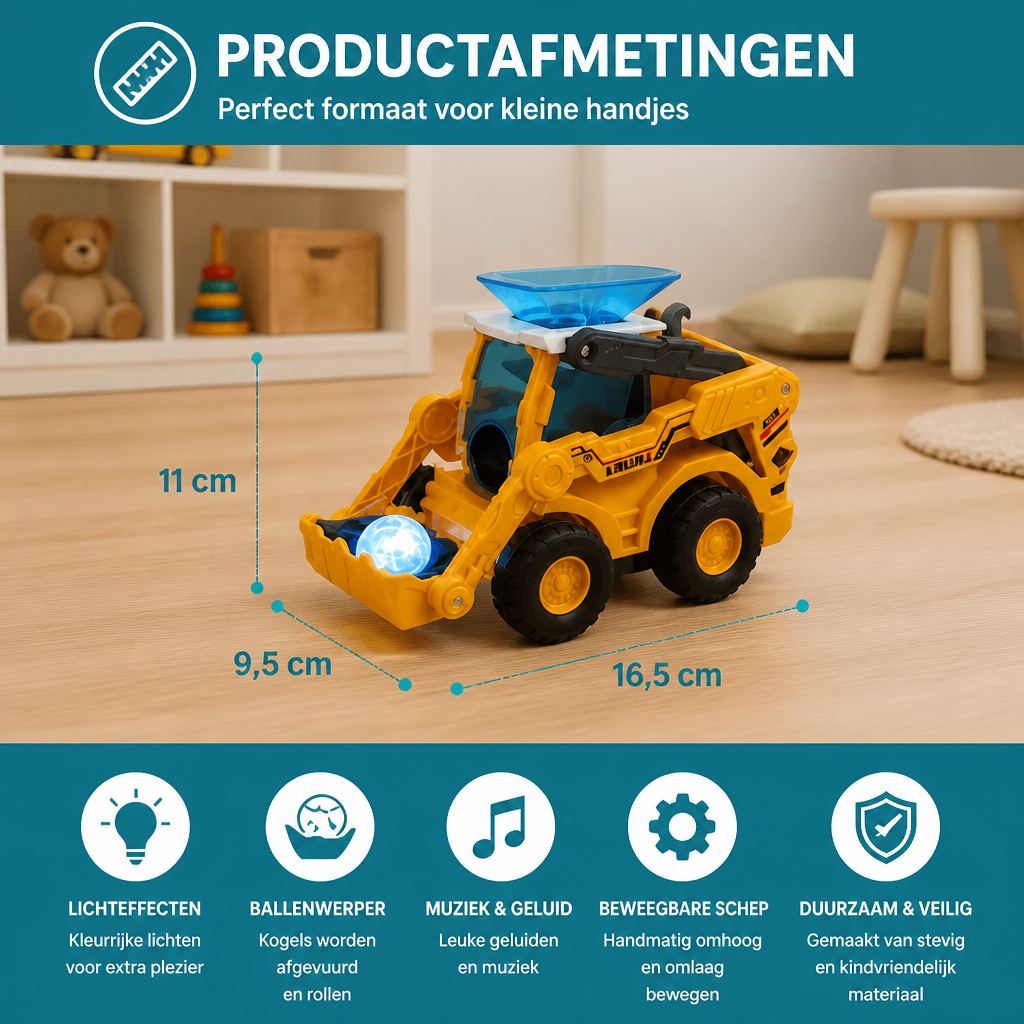 Interactieve lichtgevende bulldozer voor kinderen met ballenwerper