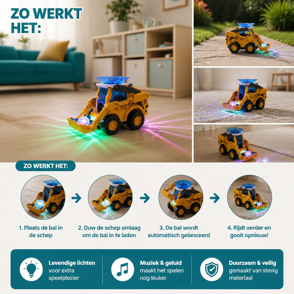Interactieve lichtgevende bulldozer voor kinderen met ballenwerper