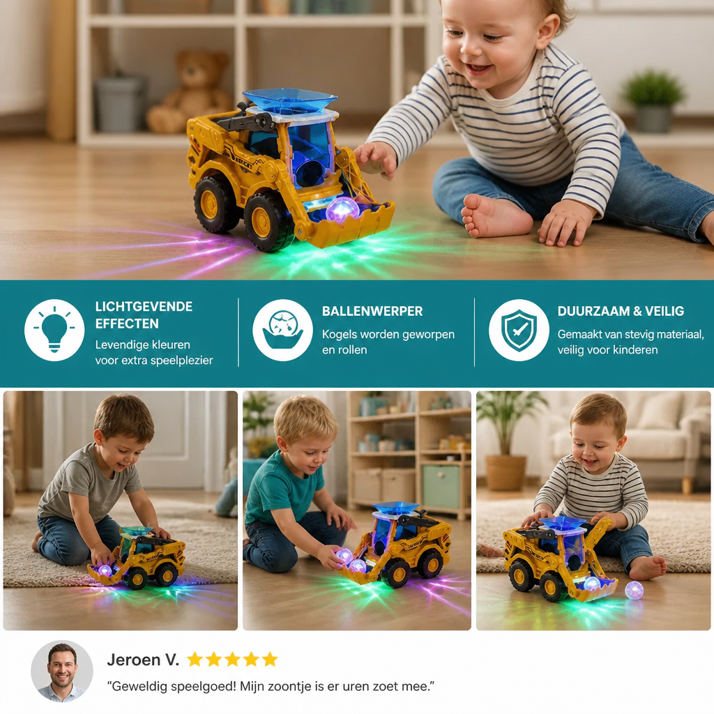 Interactieve lichtgevende bulldozer voor kinderen met ballenwerper