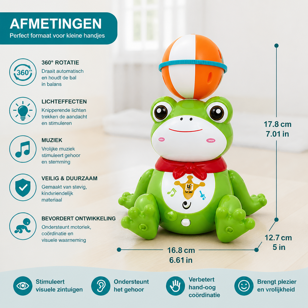 Interactief kikker-balansspeelgoed met bal, licht, muziek en 360°-rotatie