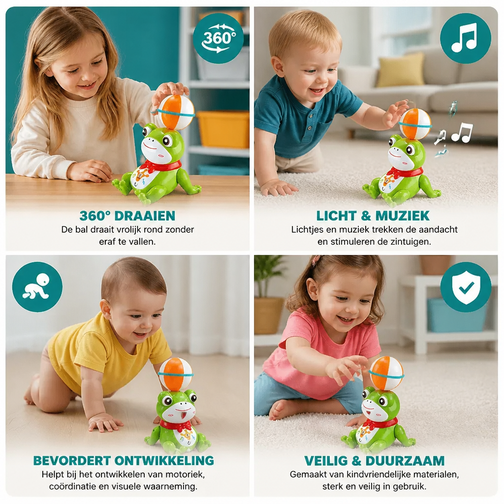 Interactief kikker-balansspeelgoed met bal, licht, muziek en 360°-rotatie