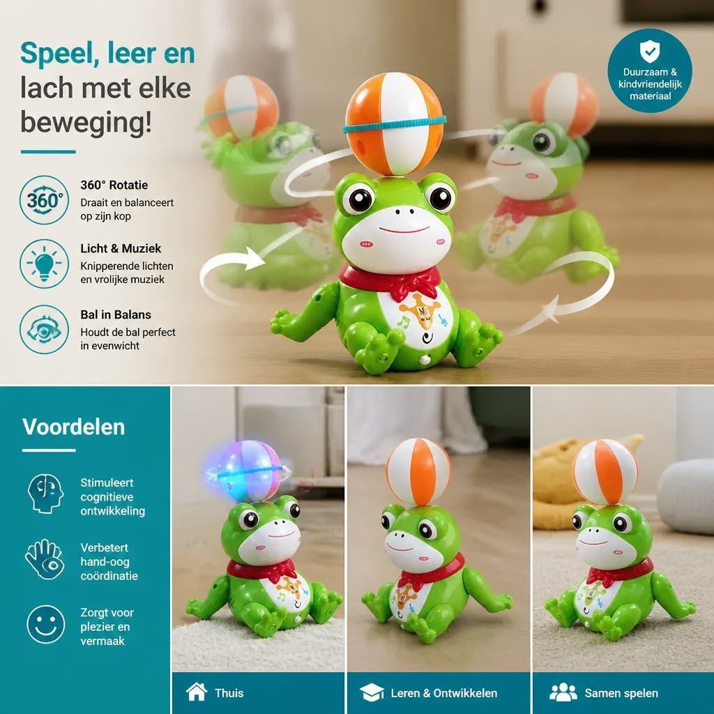 Interactief kikker-balansspeelgoed met bal, licht, muziek en 360°-rotatie