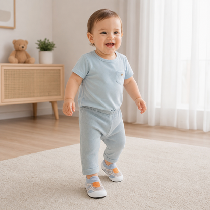 Zachte gebreide antislipschoentjes voor baby's bij de eerste stapjes
