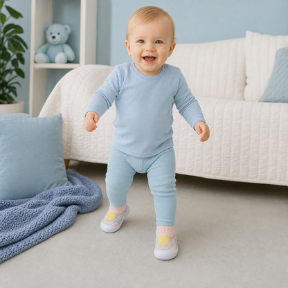 Zachte gebreide antislipschoentjes voor baby's bij de eerste stapjes
