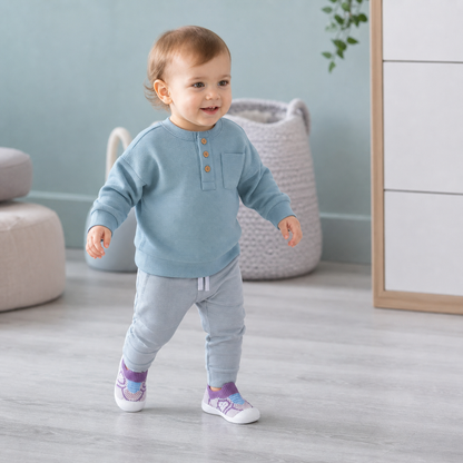 Zachte gebreide antislipschoentjes voor baby's bij de eerste stapjes