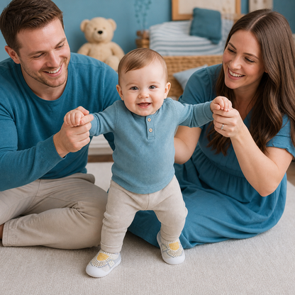 Zachte gebreide antislipschoentjes voor baby's bij de eerste stapjes
