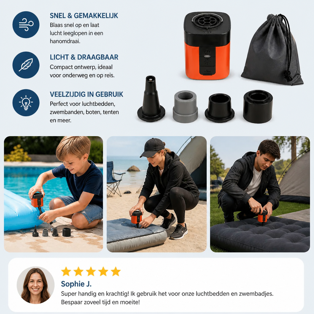 Draagbare mini-luchtpomp met ledlamp – snel opblazen en leeg laten lopen
