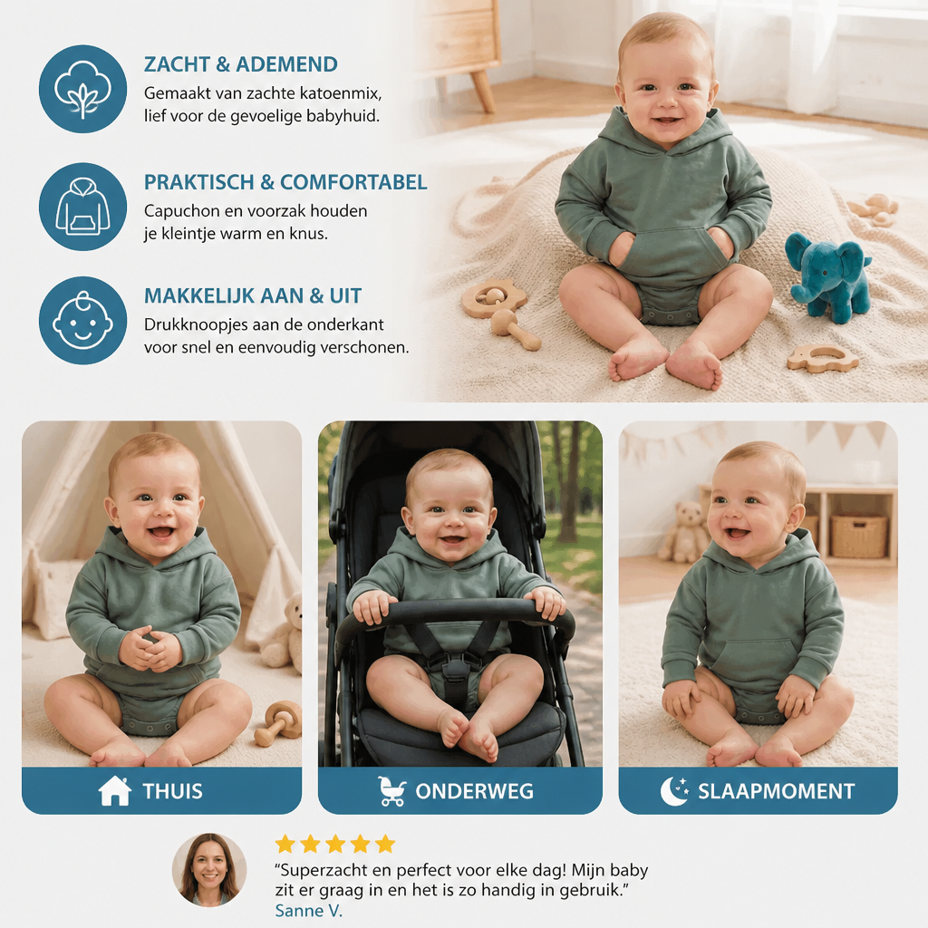 Babyromper met capuchon – Zachte jumpsuit met lange mouwen en voorzak