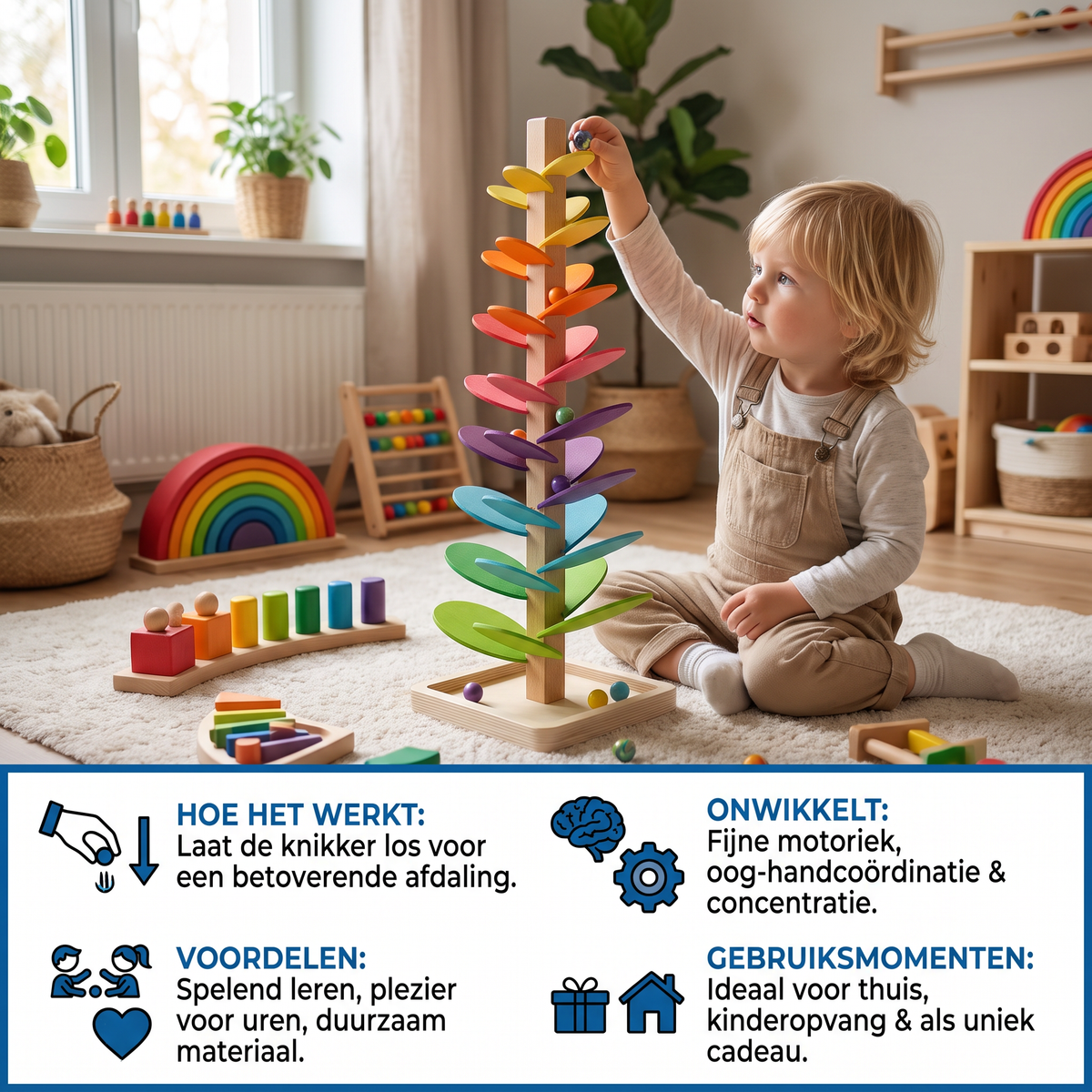 Montessori regenboog knikkerhouten toren