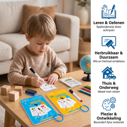 Herbruikbaar cijfer- en letteroefenboek voor kinderen