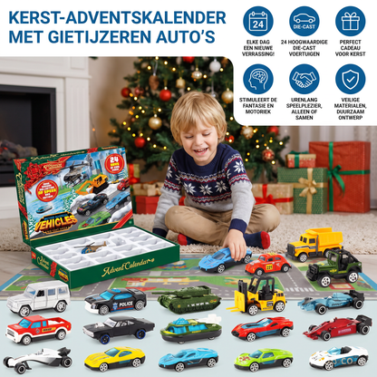 Kerst-adventskalender met gietijzeren auto's voor kinderen