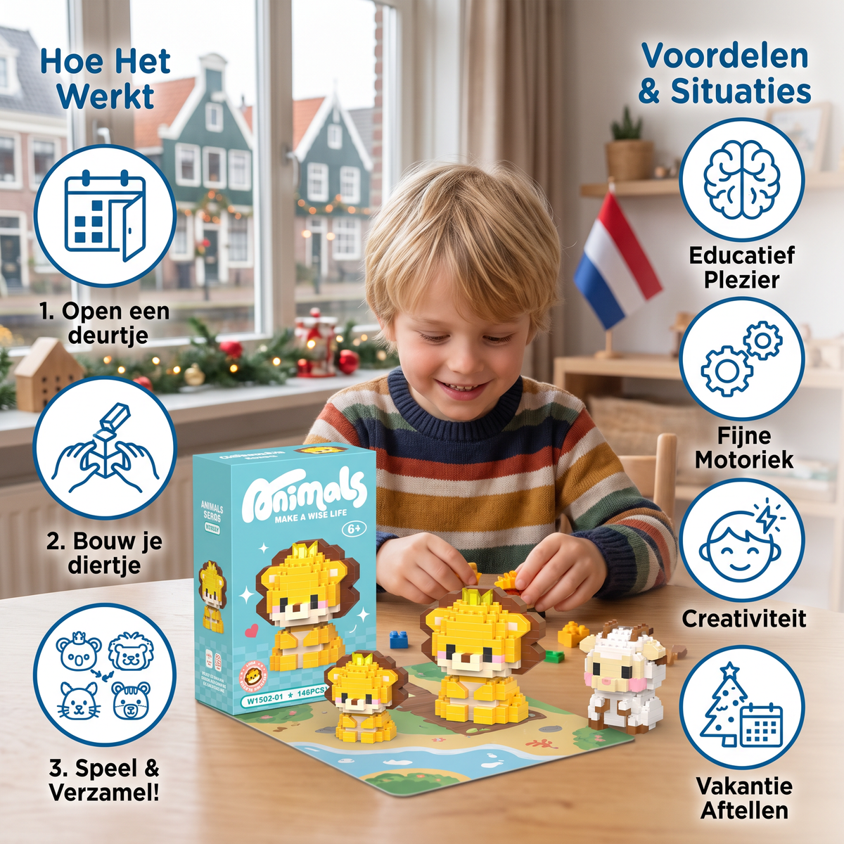 Schattige adventskalender met dierenbouwstenen voor kinderen