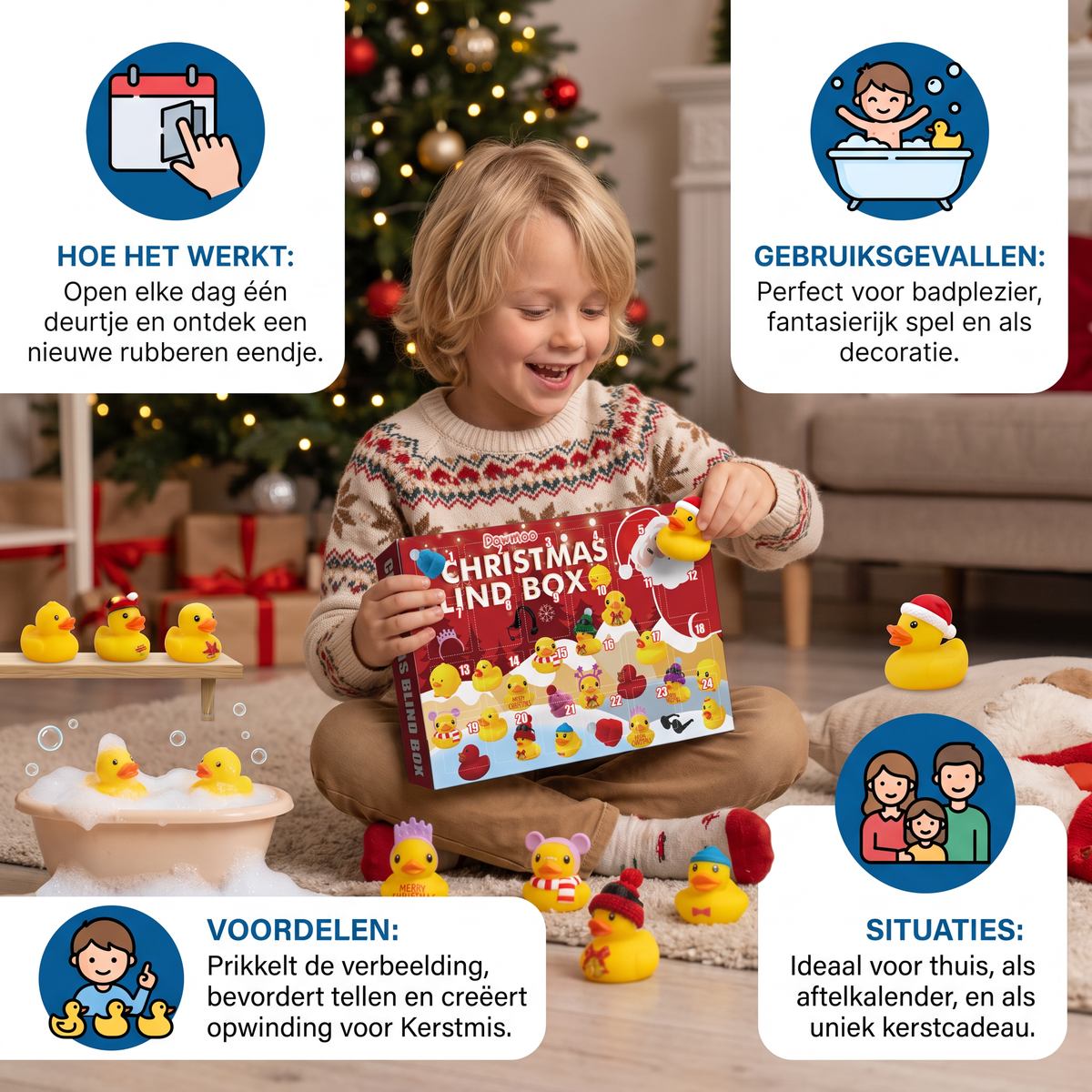 Kerstadventskalender met badeendjes