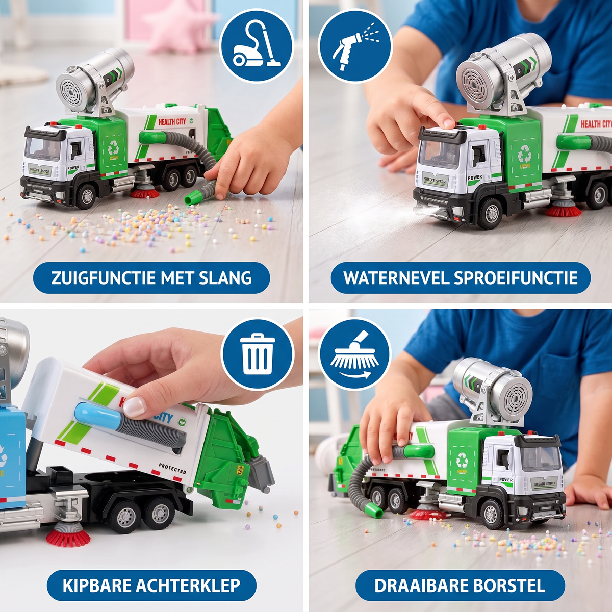 Diecast Straatveegmachine Speelgoed Met Zuigslang En Sproeifunctie