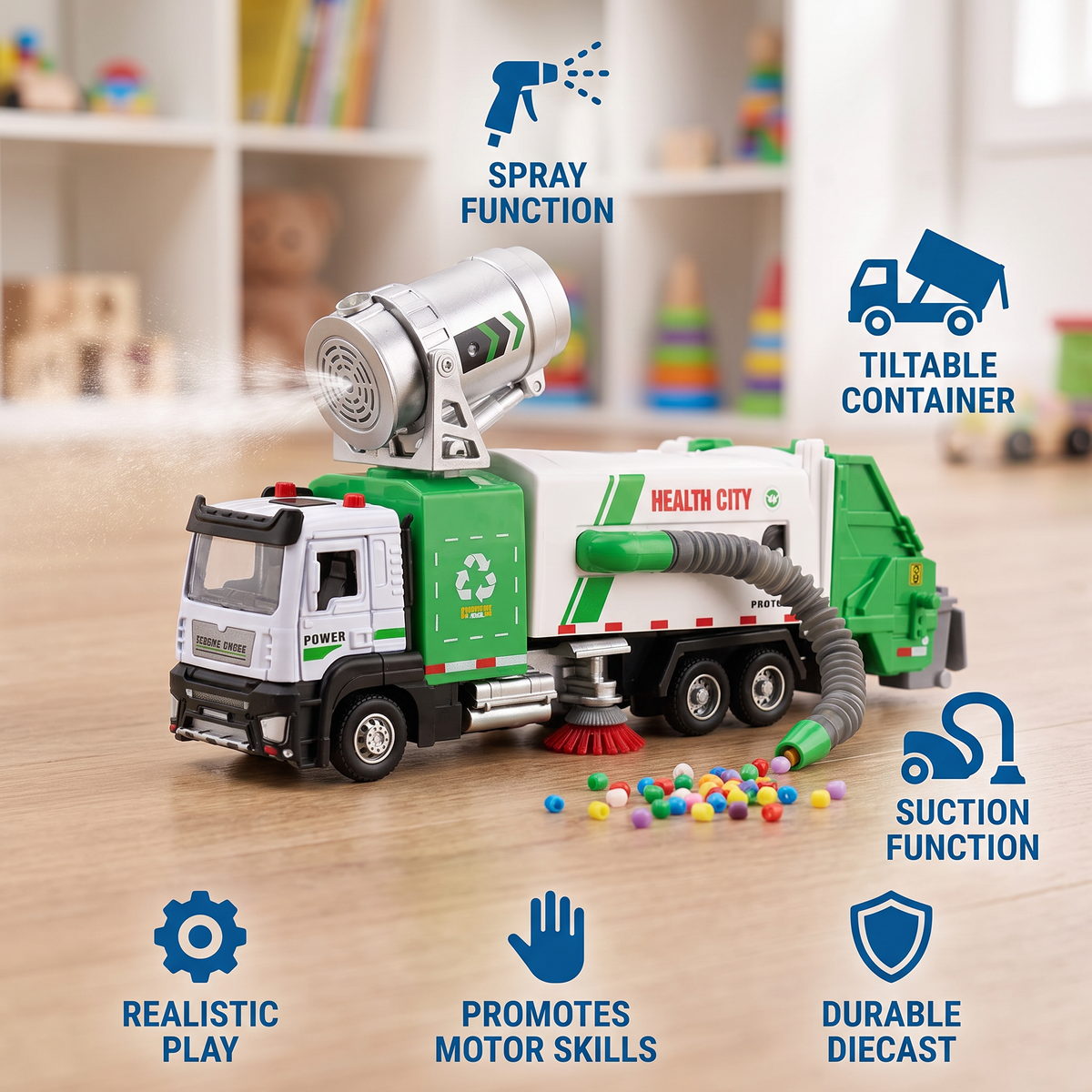 Diecast Straatveegmachine Speelgoed Met Zuigslang En Sproeifunctie