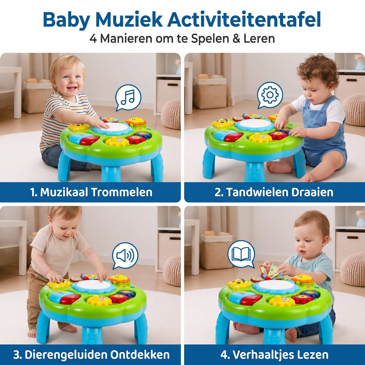 Baby Muziek Activiteitentafel met Trommel, Tandwielen en Dierengeluiden