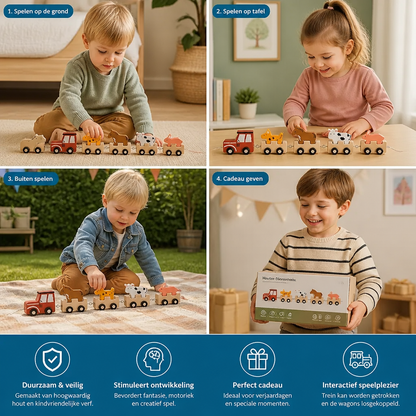 Houten Boerderij Dierentrein – Speelgoed Met Flexibele Wielen Voor Kinderen