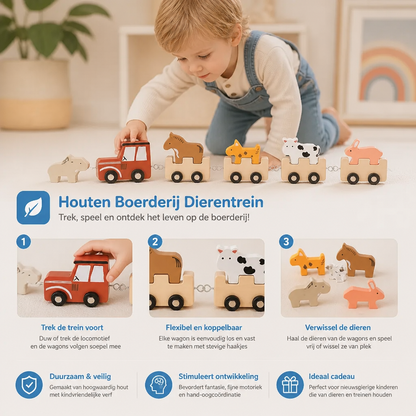 Houten Boerderij Dierentrein – Speelgoed Met Flexibele Wielen Voor Kinderen