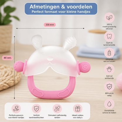 Konijnen Baby Bijthandschoen – Zachte, BPA-vrije Siliconen Bijtring Met Anti-Val Polsbandje (3–18 Maanden)