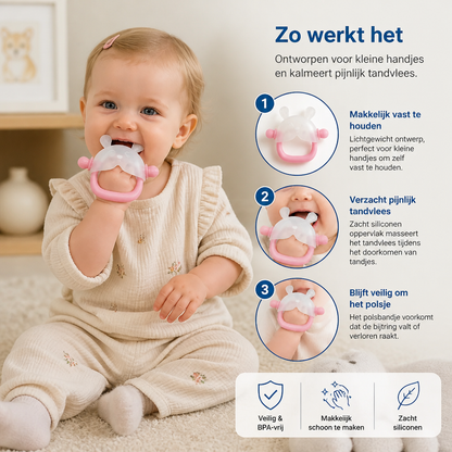 Konijnen Baby Bijthandschoen – Zachte, BPA-vrije Siliconen Bijtring Met Anti-Val Polsbandje (3–18 Maanden)