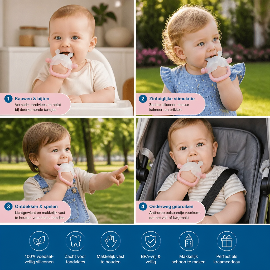 Konijnen Baby Bijthandschoen – Zachte, BPA-vrije Siliconen Bijtring Met Anti-Val Polsbandje (3–18 Maanden)
