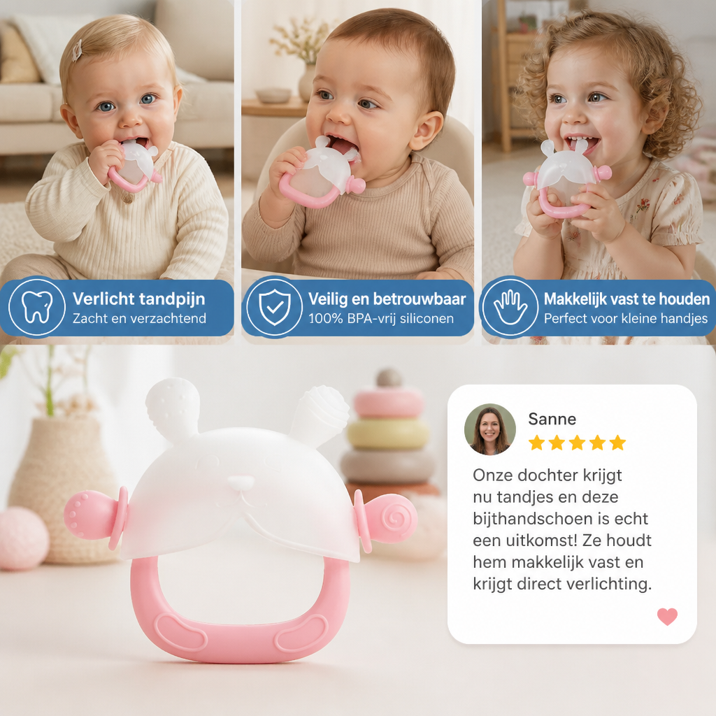 Konijnen Baby Bijthandschoen – Zachte, BPA-vrije Siliconen Bijtring Met Anti-Val Polsbandje (3–18 Maanden)