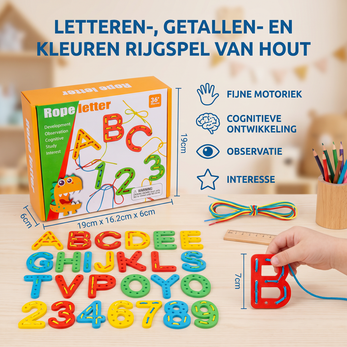Letteren-, Getallen- en Kleuren Rijgspel van Hout