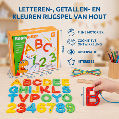 Letteren-, Getallen- en Kleuren Rijgspel van Hout