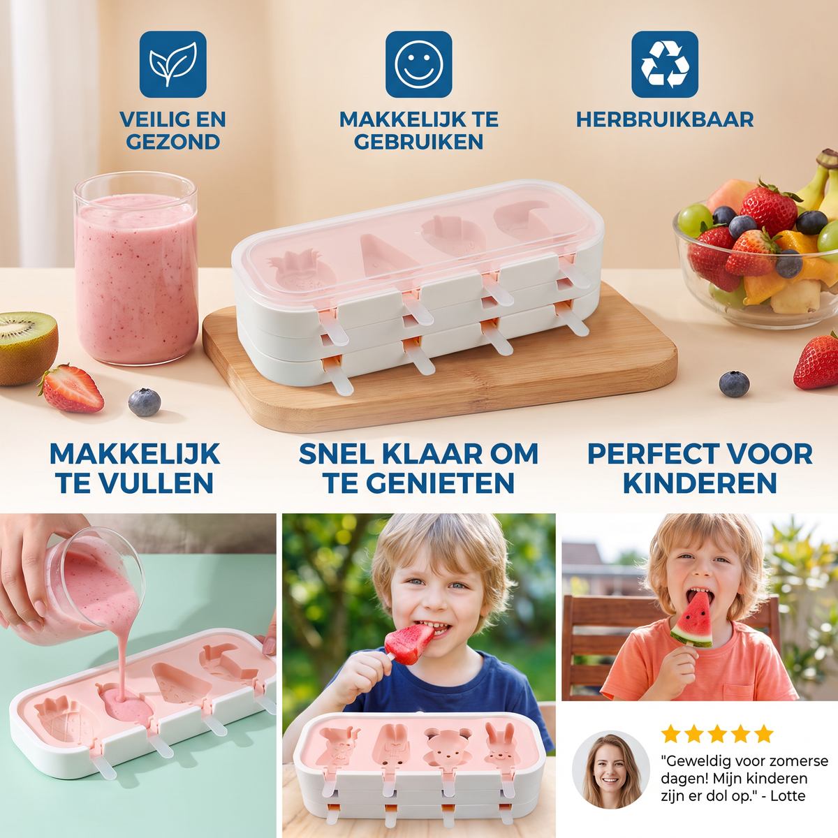 Siliconen ijsvorm met fruitvormpjes om zelf te maken voor kinderen
