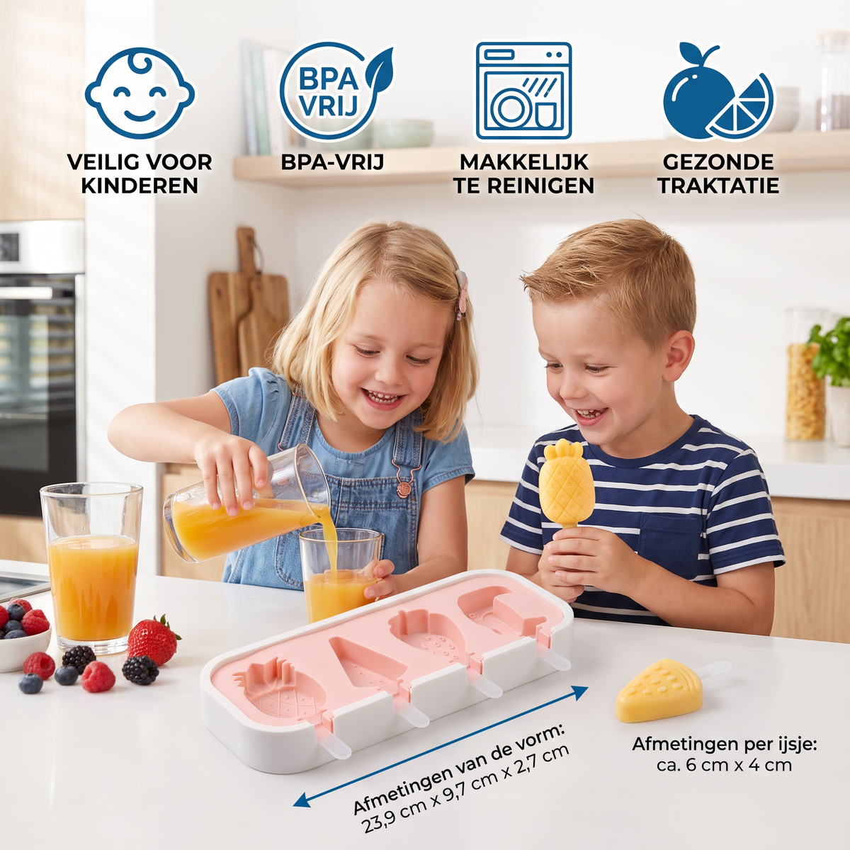 Siliconen ijsvorm met fruitvormpjes om zelf te maken voor kinderen