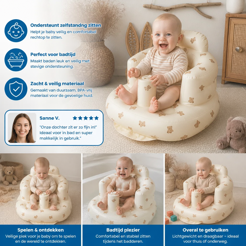 Opblaasbaar Babyzitje met Berenprint voor Zitten en Baden