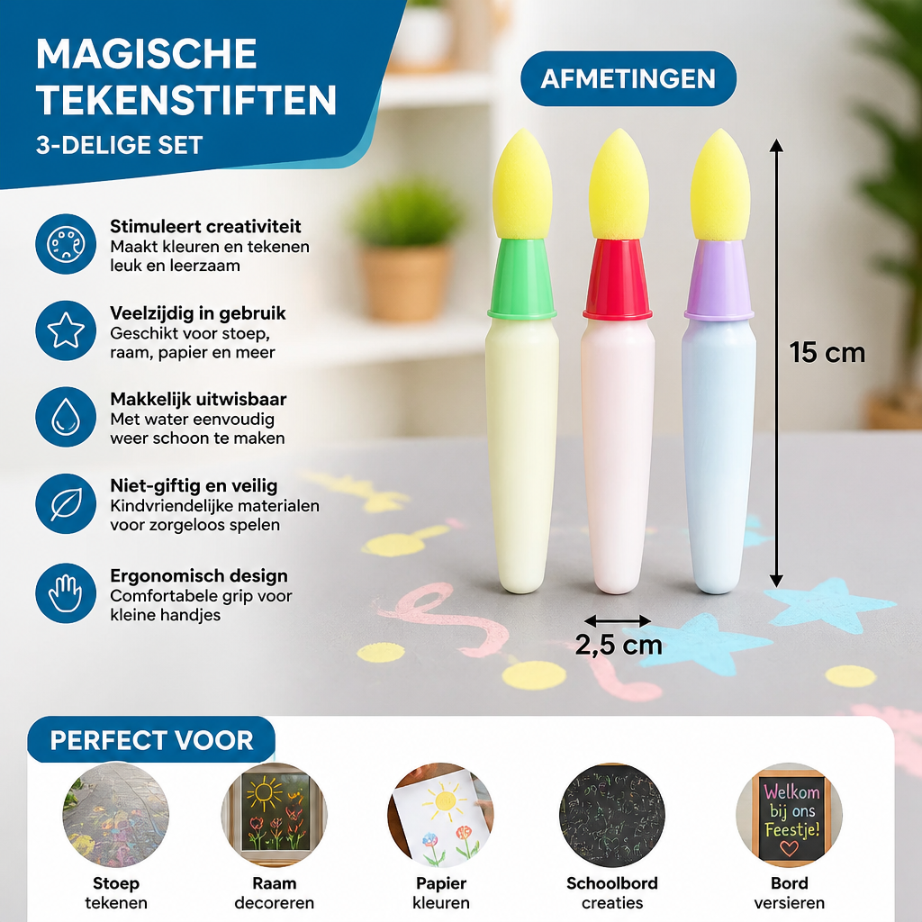 Magische Tekenstiften 3-Delige Set – Voor Creatief Plezier op Verschillende Oppervlakken