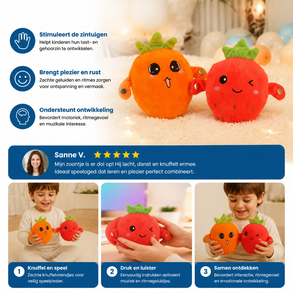 Interactief Fruitknuffelspeelgoed voor Kinderen – Sensorisch Ritme- en Muziekspeelgoed