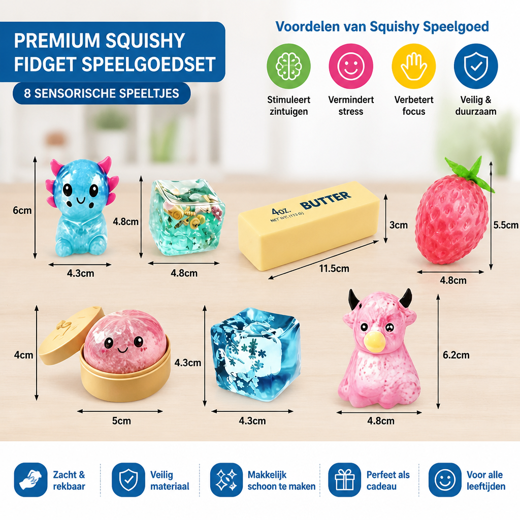Premium Squishy Fidget Speelgoedset – 8 Sensorische Speeltjes